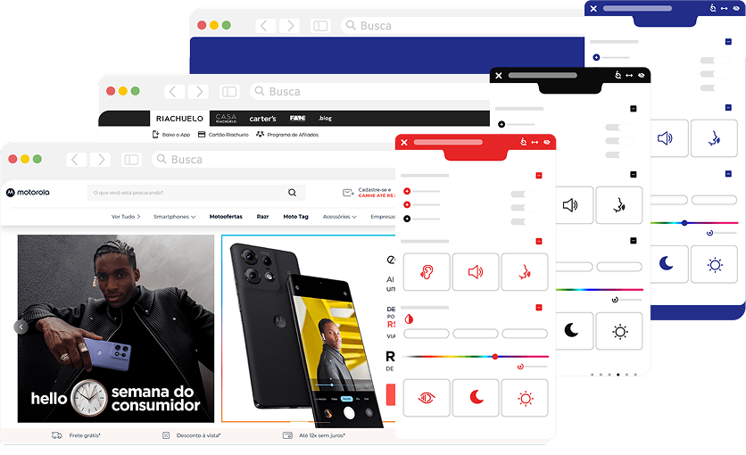 Ecrã de alguns sites com o widget da EqualWeb aberto ao lado