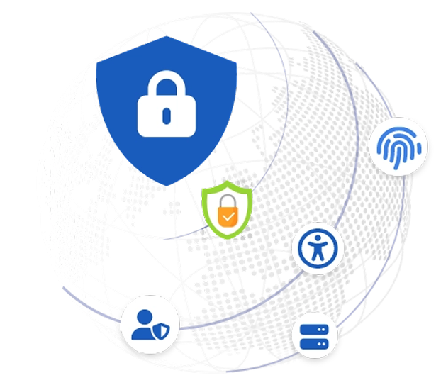 Conjunto de ícones representando segurança digital: escudo com cadeado no centro simbolizando proteção, rodeado por ícones de autenticação biométrica, acessibilidade, banco de dados, identidade protegida e escudo com verificação