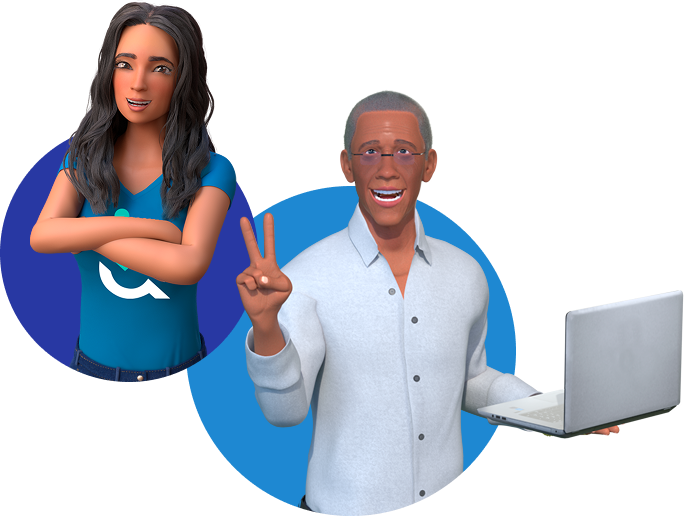 Ewerton, personagem negro de cabelos grisalhos vestindo camisa social azul clara e óculos de grau, segurando um notebook com uma mão e fazendo sinal da vitória com a outra e ao lado Ewa, personagem branca de cabelos castanhos vestindo camiseta azul com logo da EqualWeb enquanto sorri de braços cruzados na altura do peito