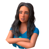 Ewa, personagem branca de cabelos castanhos vestindo camiseta azul com logo da EqualWeb enquanto sorri de braços cruzados na altura do peito