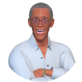 Ewerton, personagem negro de cabelos grisalhos vestindo camisa social azul clara e óculos de grau, sorri de braços cruzados na altura do peito
