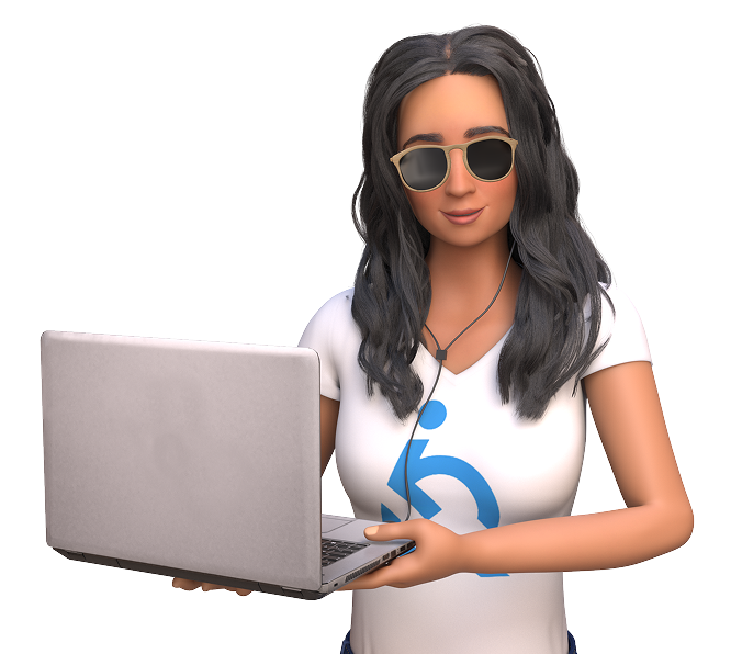 Ewa, personagem branca de cabelos castanhos vestindo camiseta branca com o logo da EqualWeb e óculos escuros enquanto segura um notebook conectado a fones de ouvido