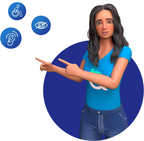 EWA, personagem da EqualWeb, vestindo uma blusa azul com a logo da EqualWeb. Ela aponta para três ícones de acessibilidade em fundo azul: cadeira de rodas, deficiência auditiva e deficiência visual