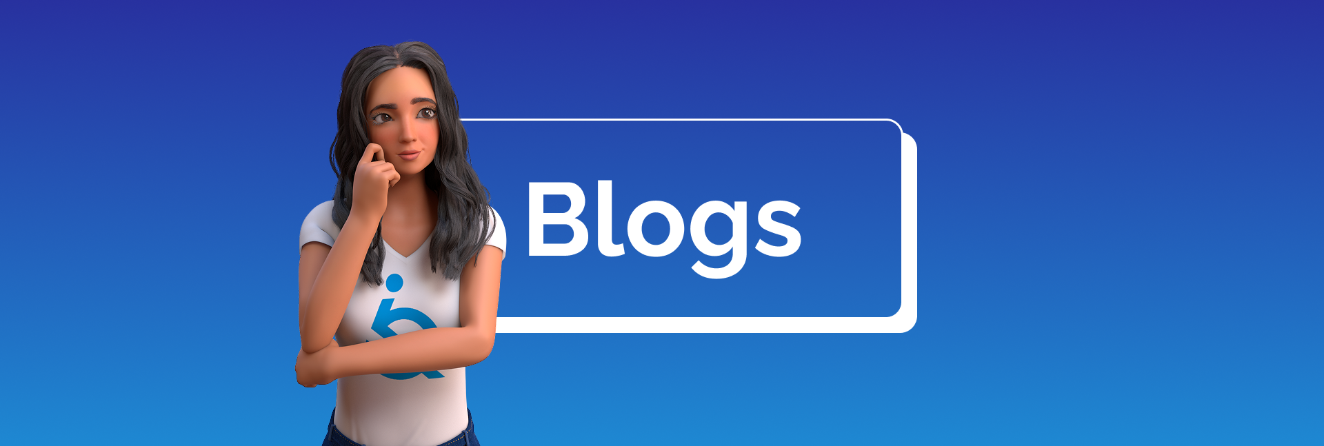 Fundo azul. Ao centro, está escrito “Blogs”. À esquerda, a personagem Ewa aparece pensativa, com a mão no rosto, vestindo uma camiseta com o símbolo da EqualWeb.