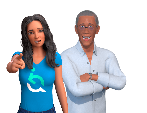 Ewa e Ewerton, personagens da EqualWeb, aparecem sorrindo. Ewa aponta para frente e veste camisa azul com a logo da EqualWeb. Ewerton está com os braços cruzados, usa camisa social clara, óculos e relógio. O fundo é azul.