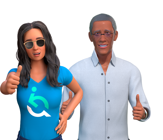 Ewa e Ewerton, personagens da EqualWeb, estão sorrindo e fazendo sinal de positivo com as mãos. Ewa usa óculos escuros e camisa azul com a logo da EqualWeb. Ewerton veste camisa social clara e também usa óculos. O fundo é azul.