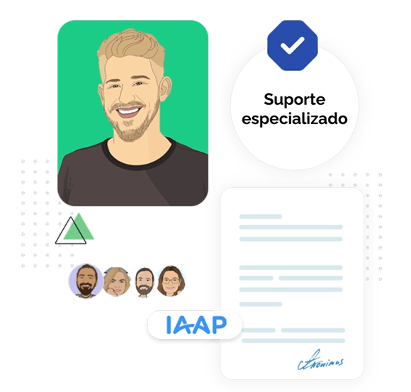 Ilustração de homem loiro sorridente, selo “Suporte especializado” com ícone de check azul, ícones de equipe com quatro rostos (três homens e uma mulher), logotipo da IAAP e documento assinado.