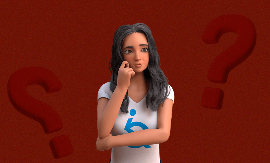 Dúvida. Imagem da Ewa personagem da equalweb com a mão no rosto com e a expressão de pensativa. 