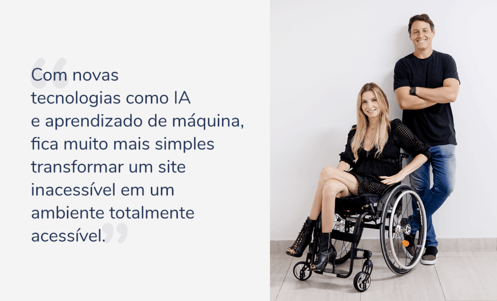 equalweb. Foto do Jaques H e Andrea S os dois vestindo roupas pretas com a seguinte frase ao lado:“Com novas tecnologias como IA e aprendizado de mắquina, fica muito mais simples transformar um site inacessível em um ambiente totalmente acessível”