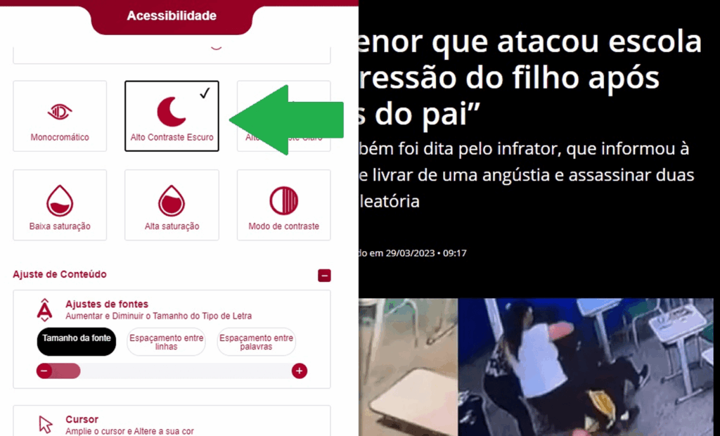 Band. Imagem do portal da Band com a ferramenta da equalweb aberta com a funcionalidade alto contrarte escuro. 
