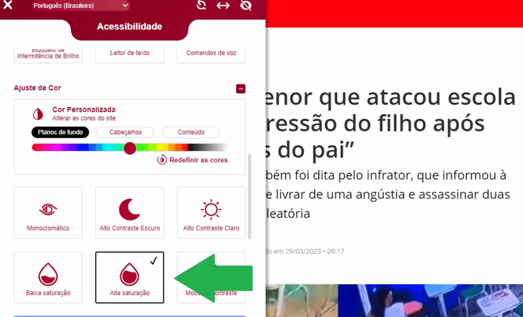 Band. Imagem do portal da Band com a ferramenta da equalweb aberta com a funcionalidade alta saturação aberta.