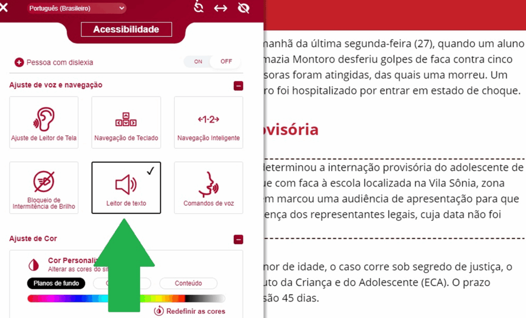 Band. Imagem do portal da Band com a ferramenta da equalweb aberta com a funcionalidade leitor de texto aberto. 