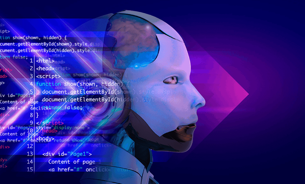 Machine Learning. Imagem de uma linha de código e ao lado um robô olhando para frente com uns detalhes em roxo.