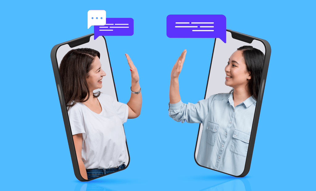 Comunicação: Imagem de duas mulheres aparecendo em telas de celulares, uma acenando para a outra. Na imagem, também podemos ver duas caixas de diálogo sobre as cabeças delas.